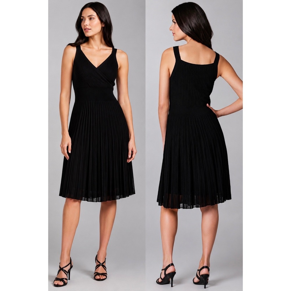 New! Eileen Fisher Refined Viscose‎ Pleated Surplice Dress Black Size Medium